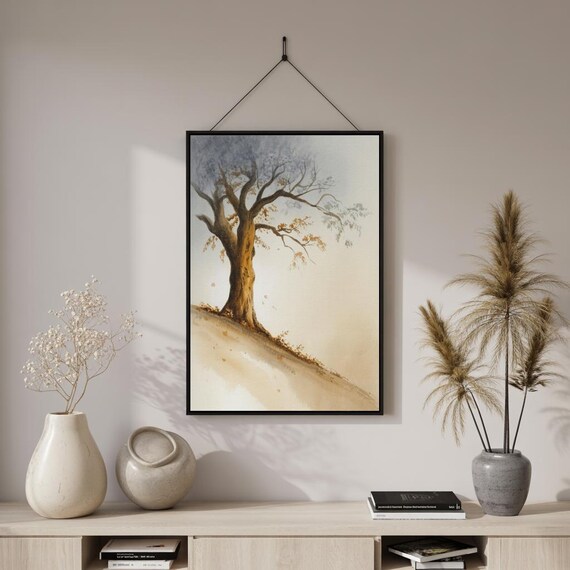 Solitary Tree On Hill Minimalist Autumn Landscape Watercolor Print