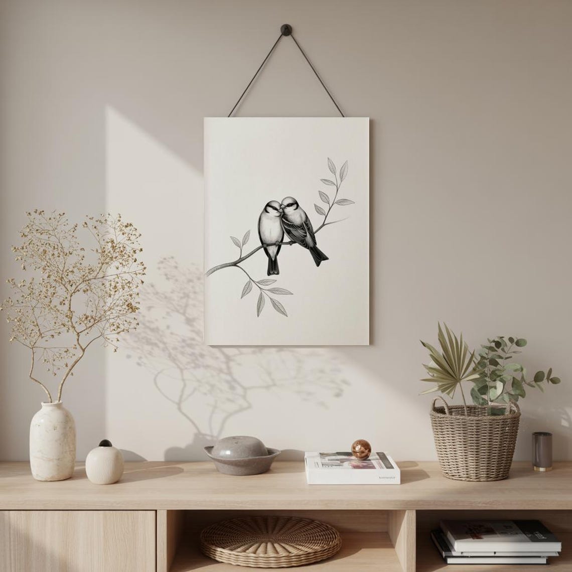Two Chickadees Perched Tender Pencil Sketch Bird Lovers Art Poster - Image 2