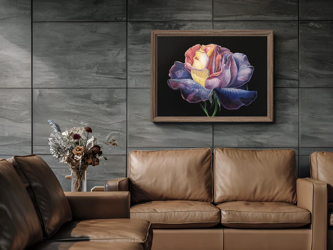 Juliet Rose Side View Striated Petals Purple Yellow Floral Poster - Image 3