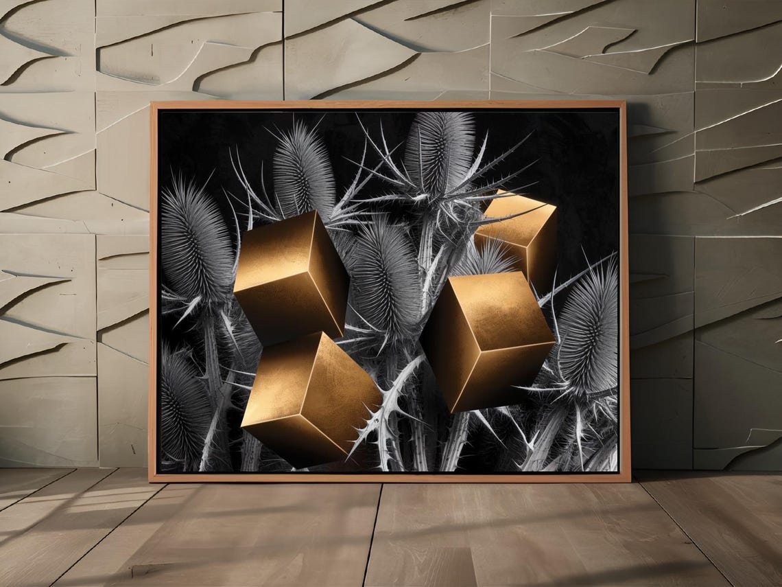 Golden Cubes Among Black White Thistles Surreal Botanical Poster