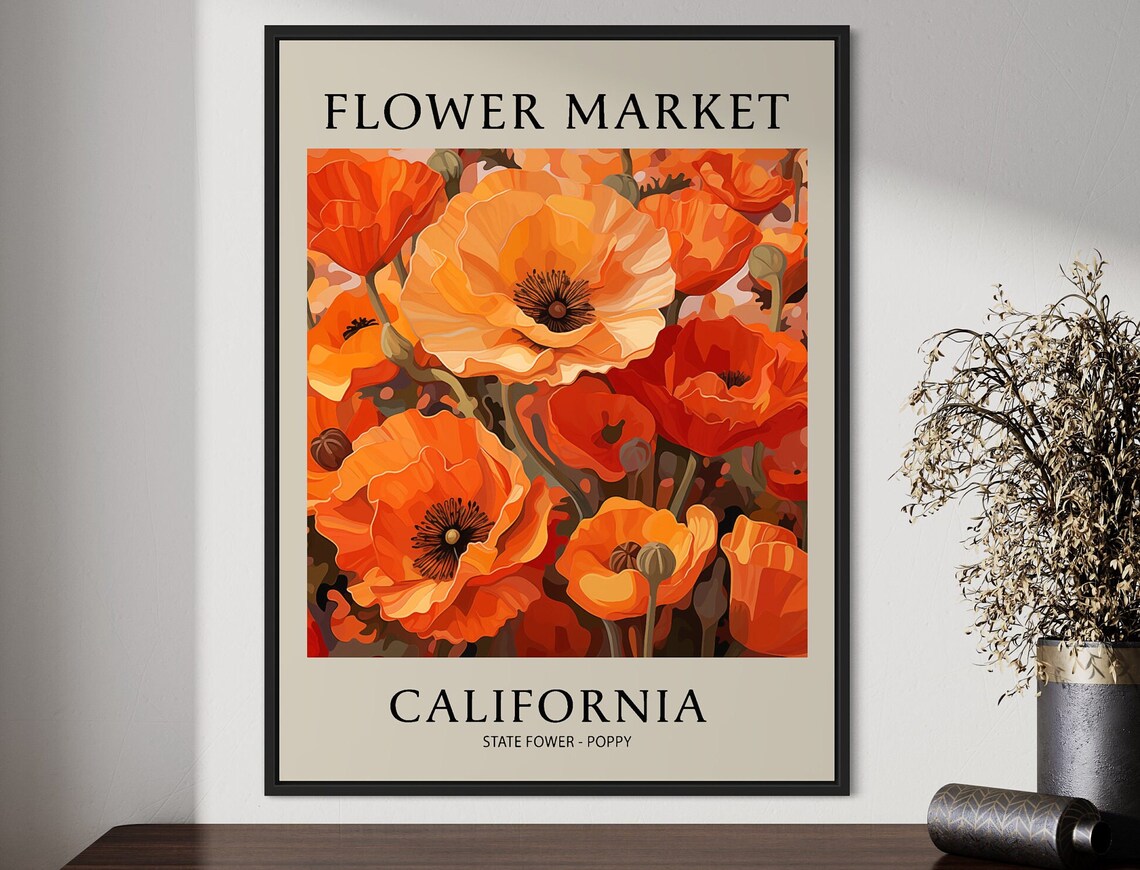 California Poppy Art Print, Boho Floral Illustration
