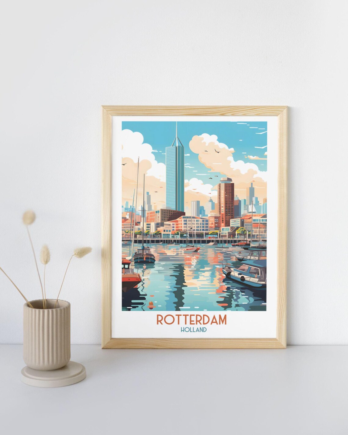 Rotterdam Holland Daytime Harbor Skyline and Boats Travel Art Print