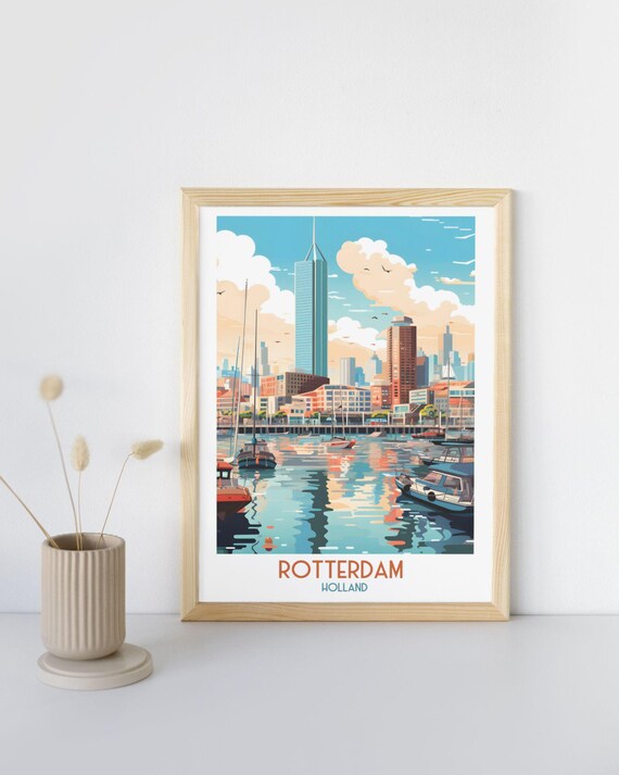 Rotterdam Holland Daytime Harbor Skyline and Boats Travel Art Print