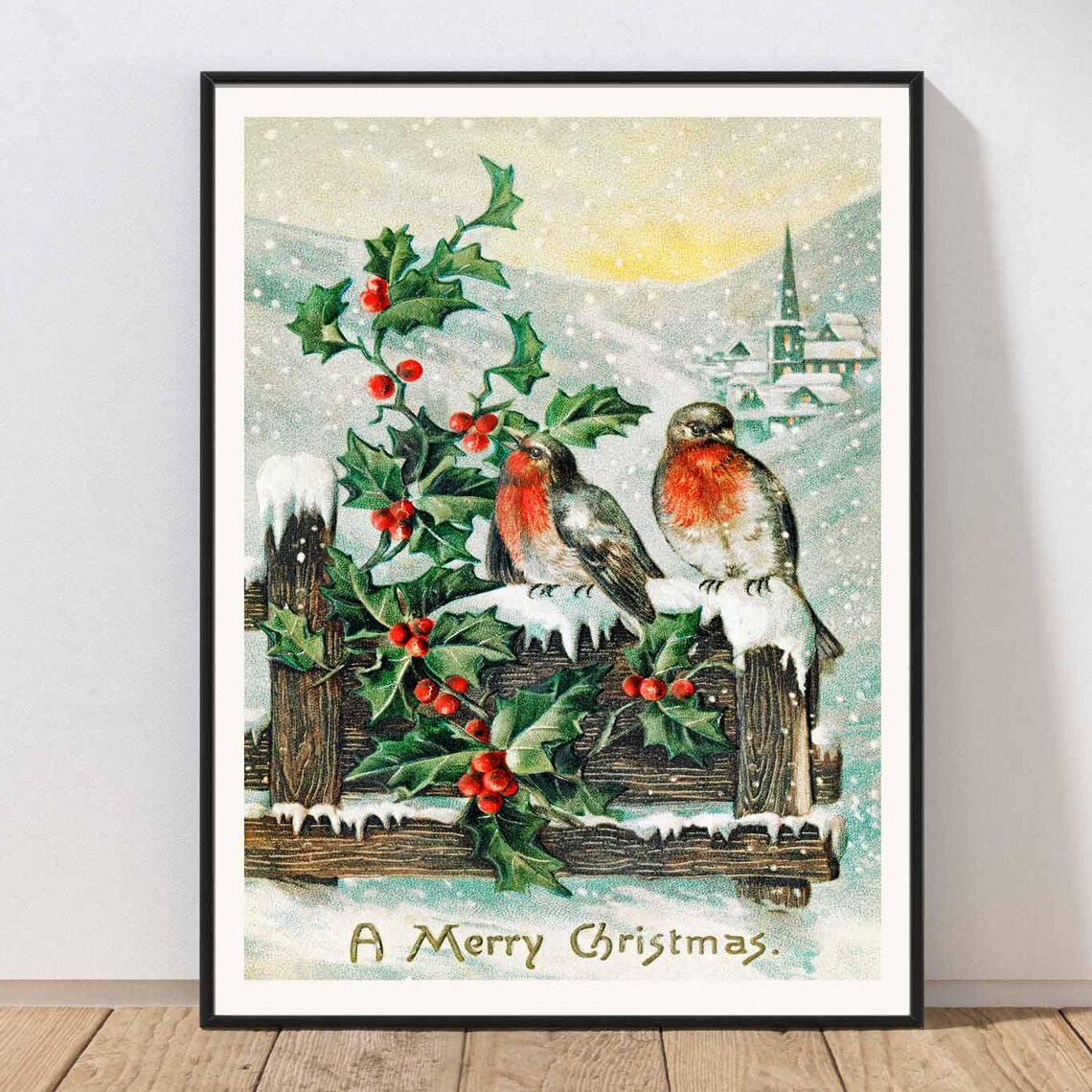 A Merry Christmas Vintage Robins Holly Snow Holiday Card Poster