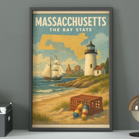 Massachusetts The Bay State Vintage Lighthouse Beach Travel Art Print