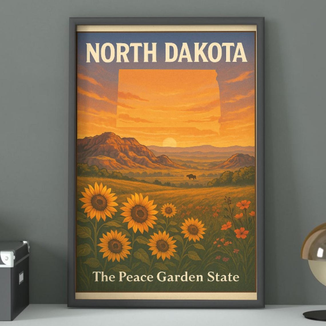 North Dakota The Peace Garden State Sunflower Sunset Travel Art Print