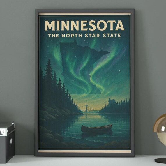 Minnesota North Star State Aurora Lake Canoe Retro Travel Poster