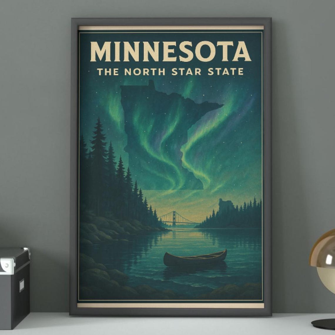 Minnesota North Star State Aurora Lake Canoe Retro Travel Poster