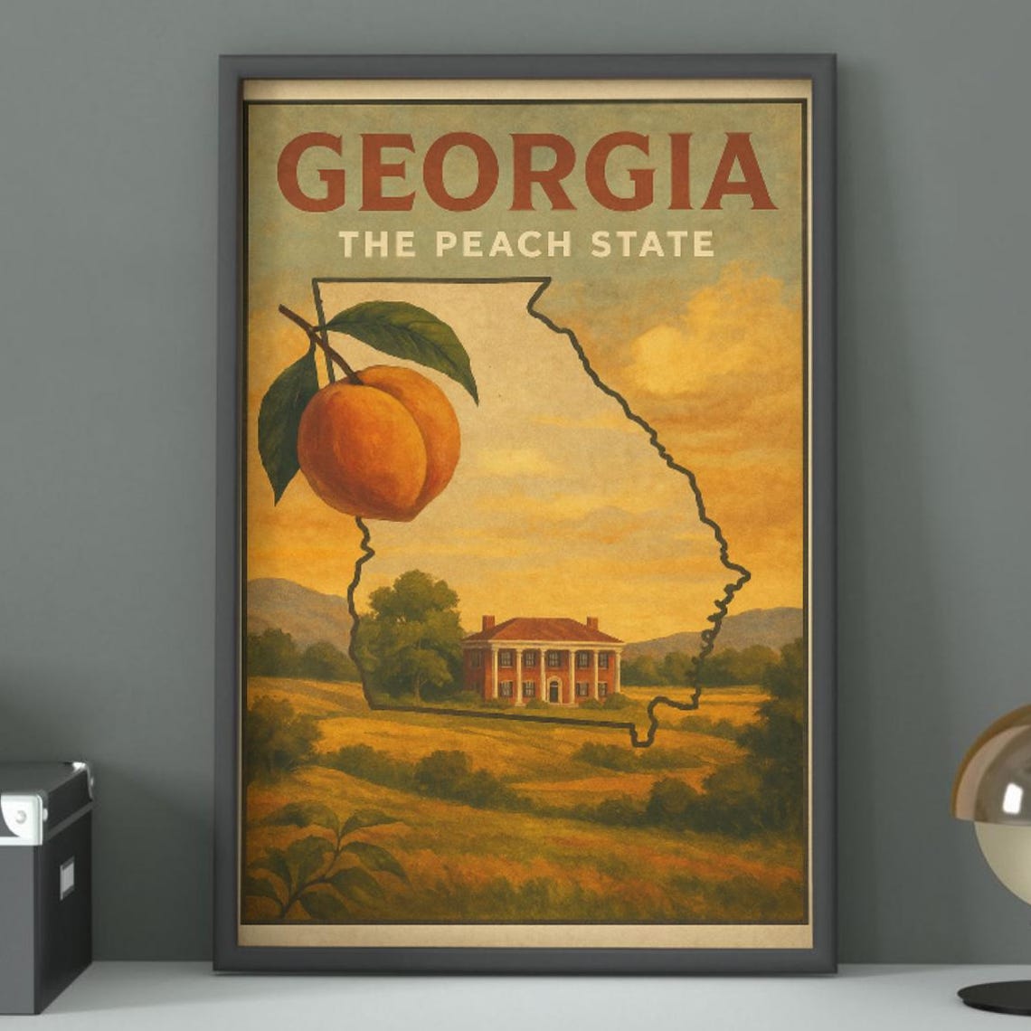 Georgia The Peach State Southern Plantation Retro Travel Poster