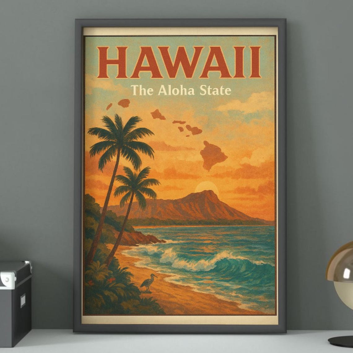 Hawaii The Aloha State Diamond Head Palm Beach Retro Travel Poster