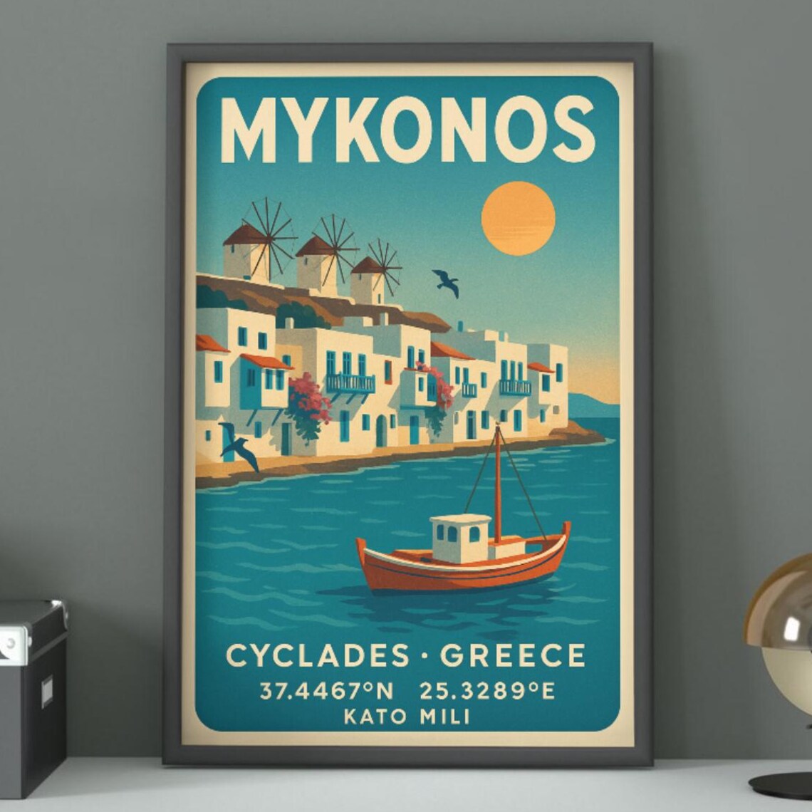 Mykonos Greece Travel Poster with Kato Mili Windmills and Aegean Boat