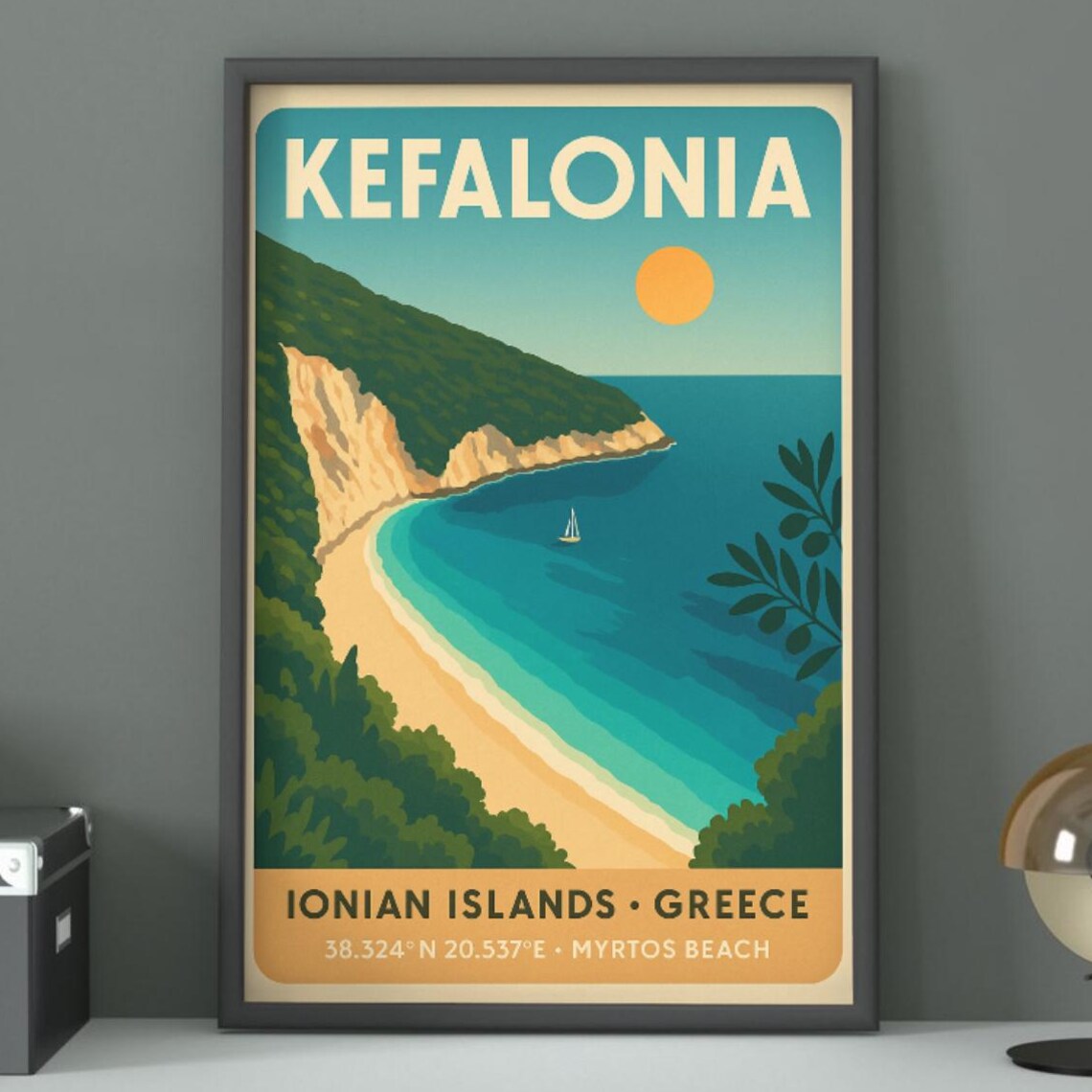 Kefalonia Myrtos Beach Crescent Cove Vintage Greece Travel Poster