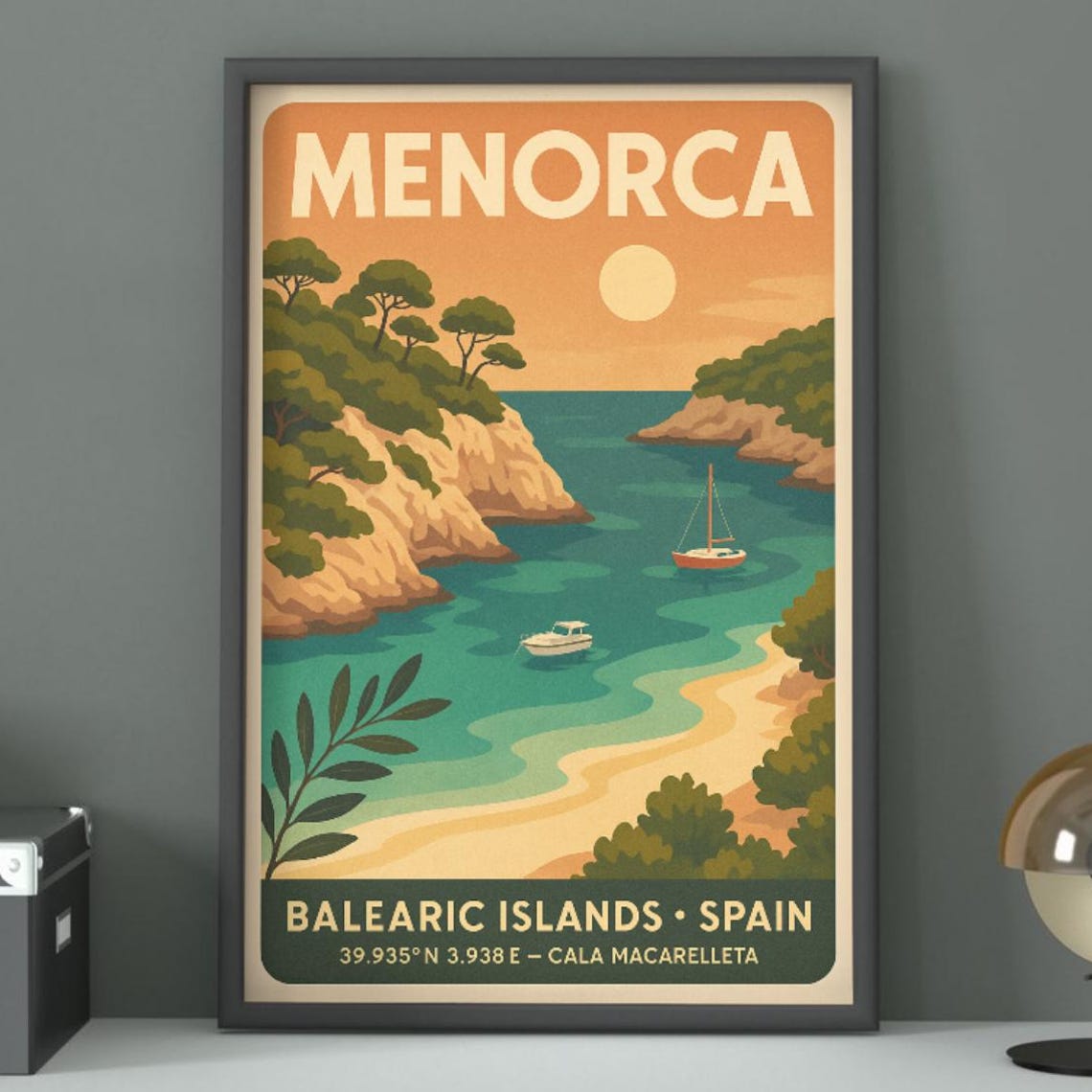 Menorca Cala Macarelleta Cove Vintage Spain Beach Travel Poster
