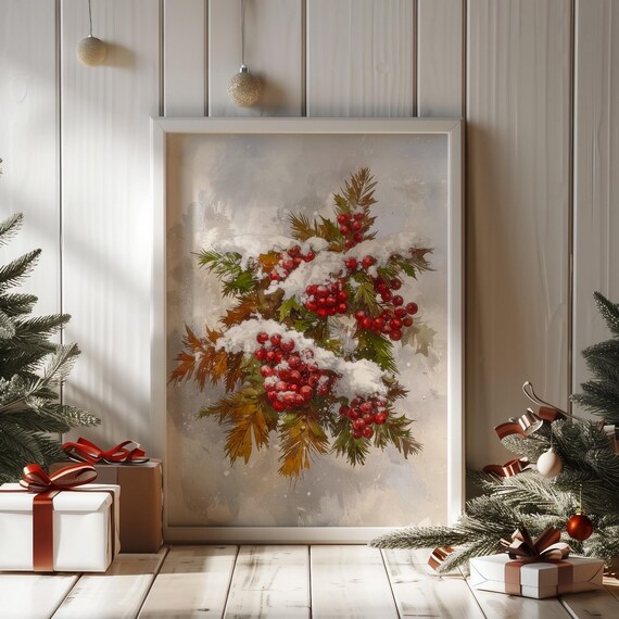 Snowy Red Berries Watercolor Print Christmas Botanical Wall Art