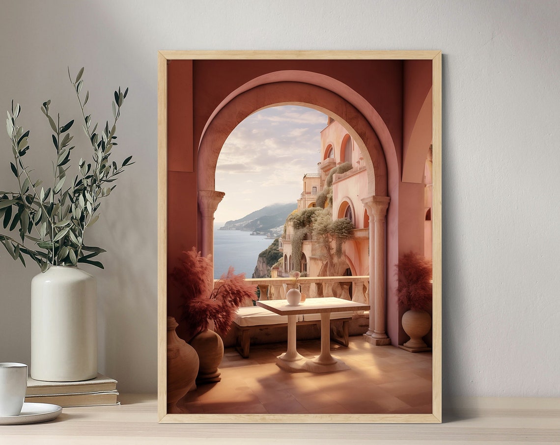Amalfi Coast Arch Terrace Sea View Italy Warm Tones Wall Poster - Image 3