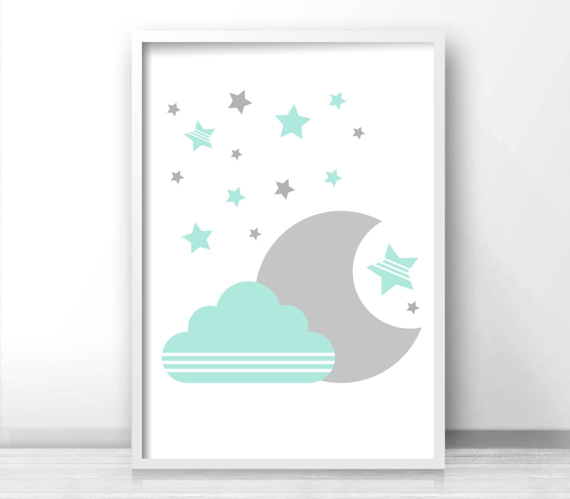 Moon and Stars Nursery Art Print, Mint Green Gray - Image 3