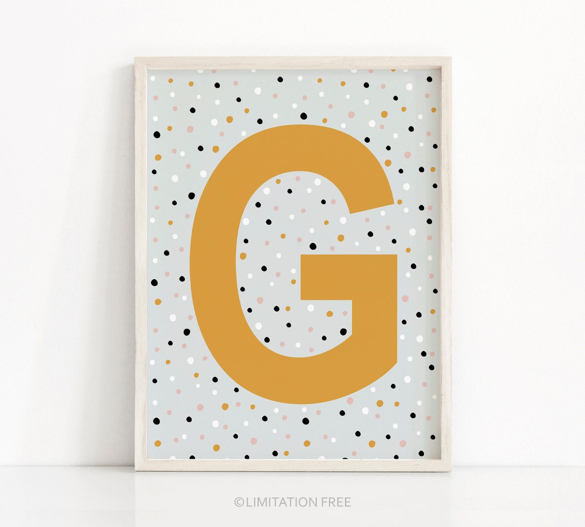 Letter G Monogram Mustard Confetti Nursery Print Kids Wall Art
