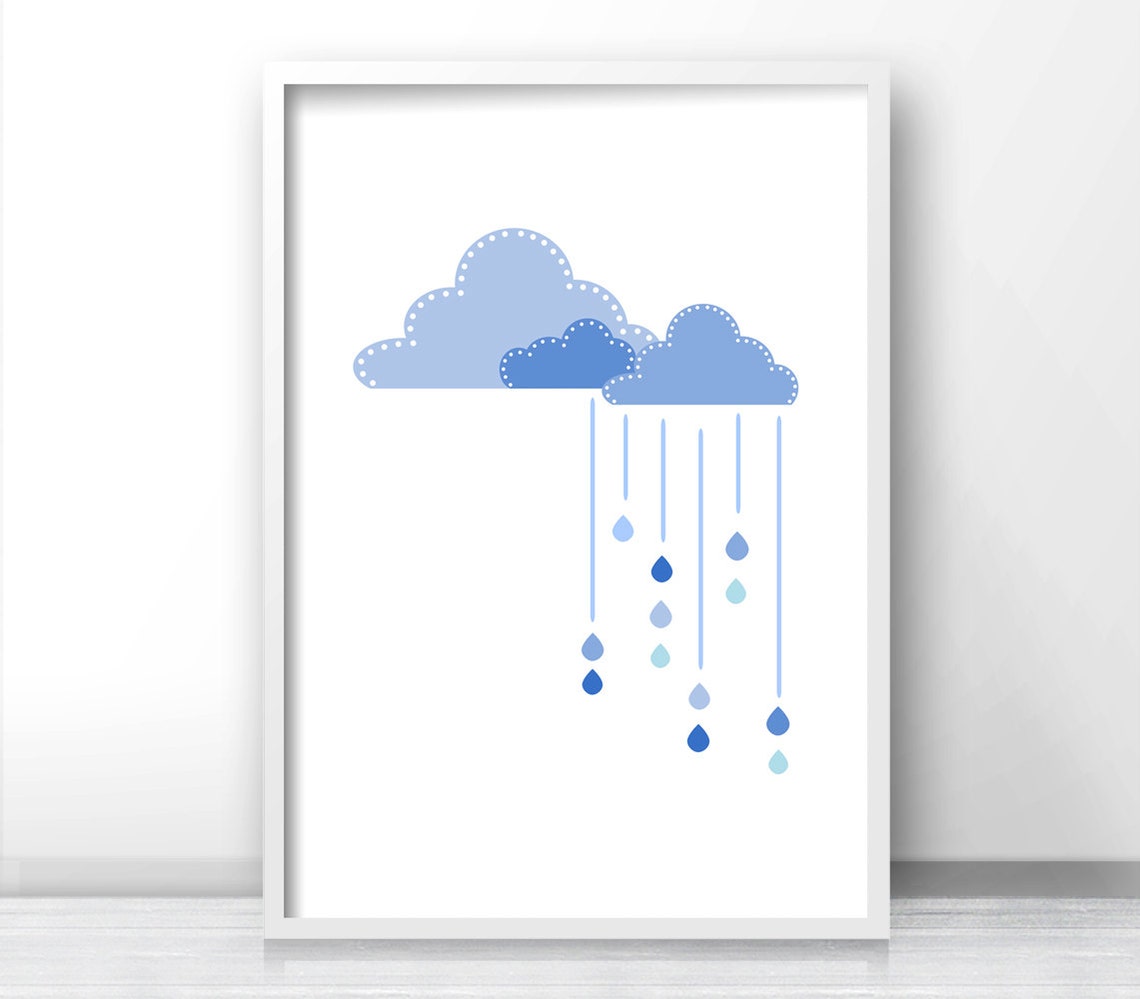 Blue Clouds And Raindrops Baby Nursery Wall Poster Kids Room Decor - Image 3