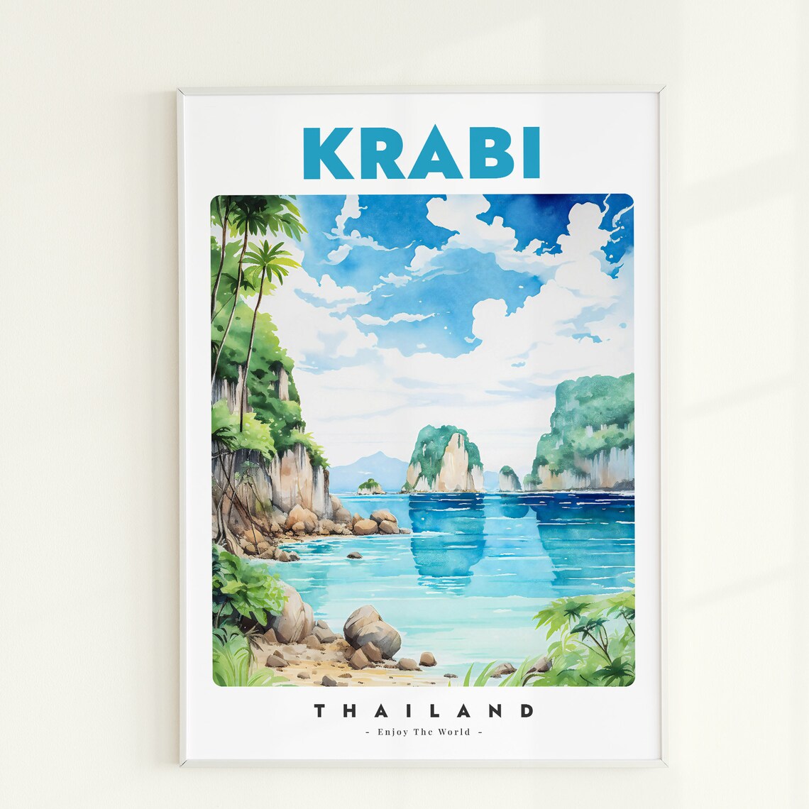 Krabi Thailand Limestone Karsts Turquoise Bay Watercolor Travel Poster