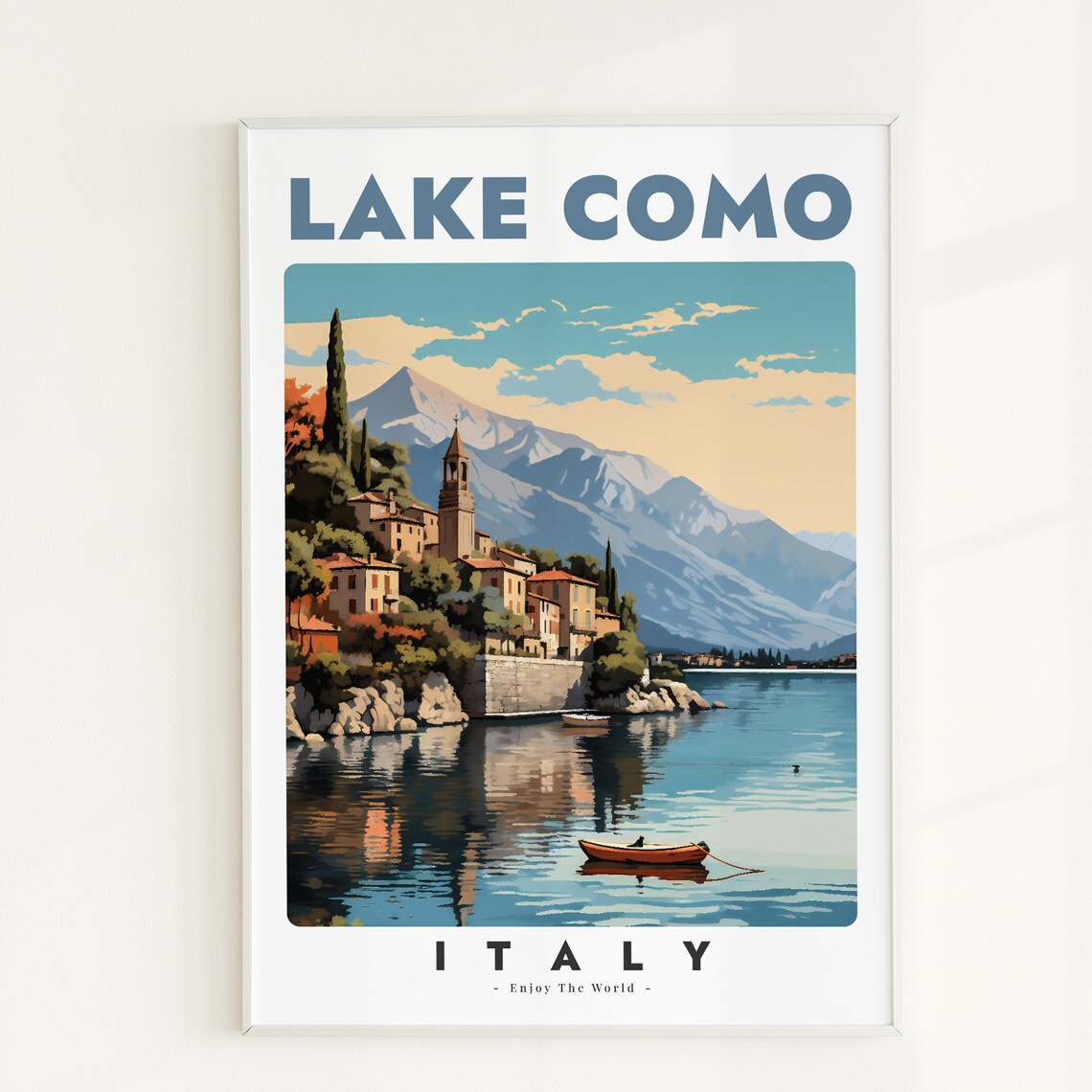 Lake Como Italy Village Bell Tower Mountains Lakeside Travel Poster