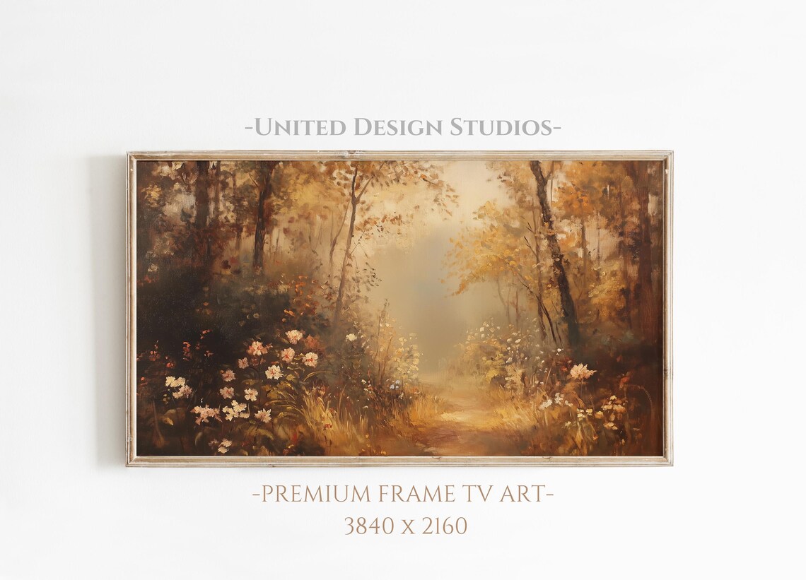 Golden Autumn Forest Painting Misty Woodland Wildflowers Wall Art