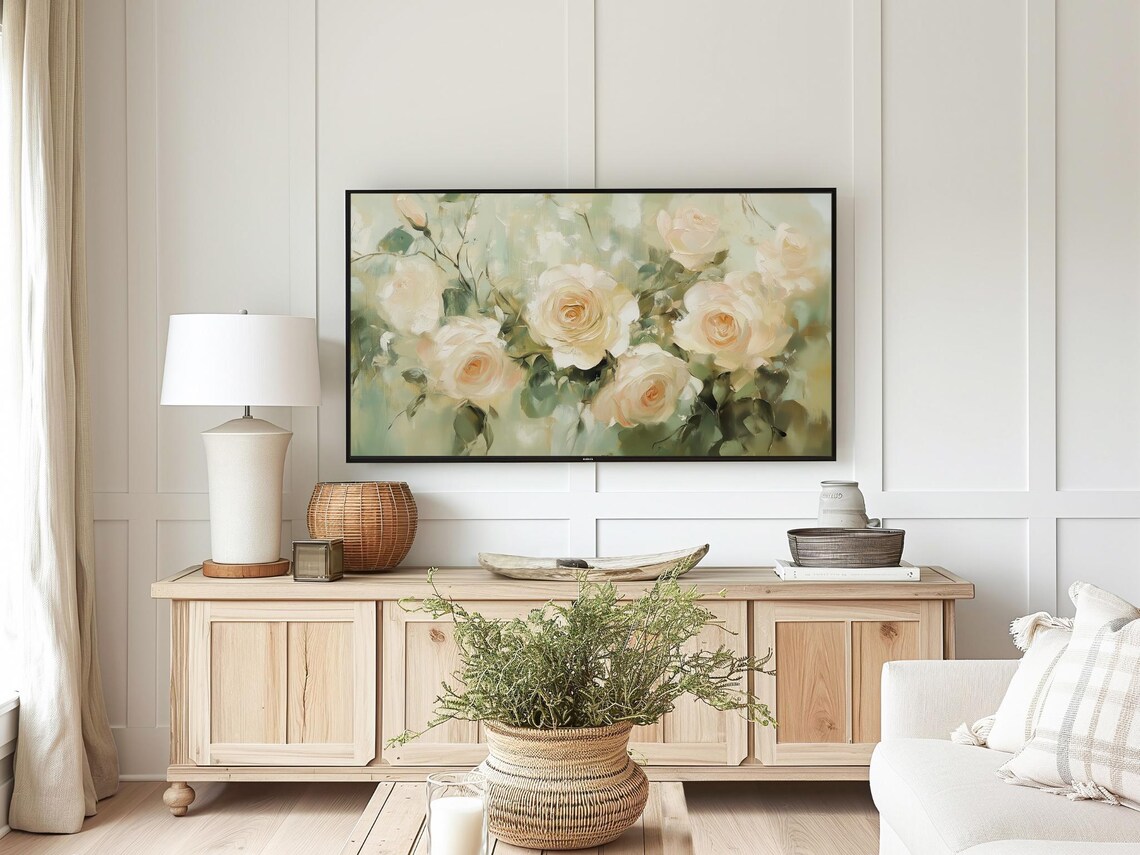 White Roses Sage Green Soft Floral Oil Painting Frame TV Art Poster - Image 4