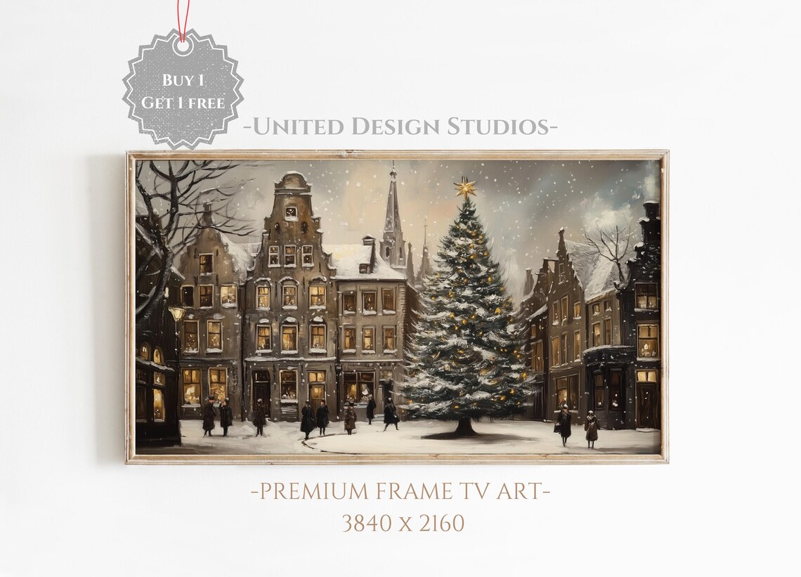 Snowy Christmas Village, Winter Holiday Art Print
