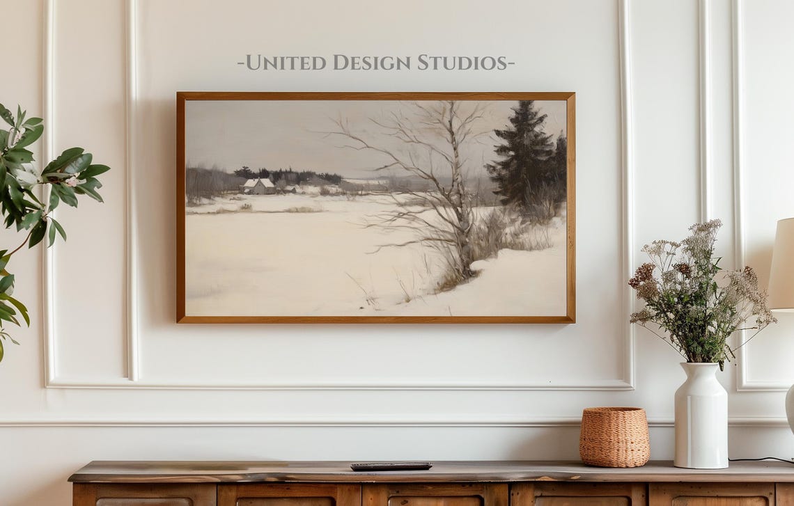 Frame Tv Winter Art Neutral Moody Painting Of Calm Winter Winter Frame Tv Art Farmhouse Winter Landscape Tv Art - Image 3