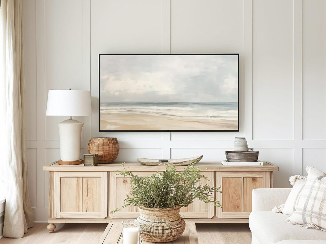 Serene Neutral Seascape Beach Painting Soft Ocean Waves Sky Poster - Image 5