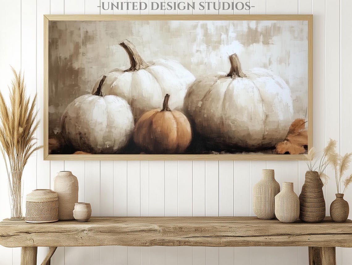 White Pumpkins Neutral Still Life One Orange Fall Farmhouse Art Poster - Image 2