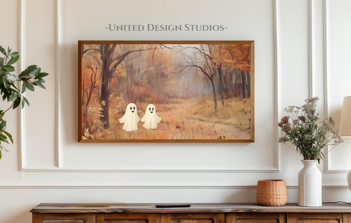 Cute Ghosts Autumn Forest Fall Leaves Halloween Fun Art Poster - Image 3