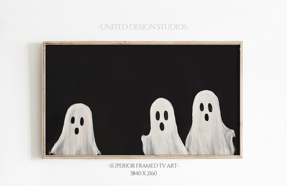 Three White Ghosts Black Background Minimalist Halloween Spooky Poster