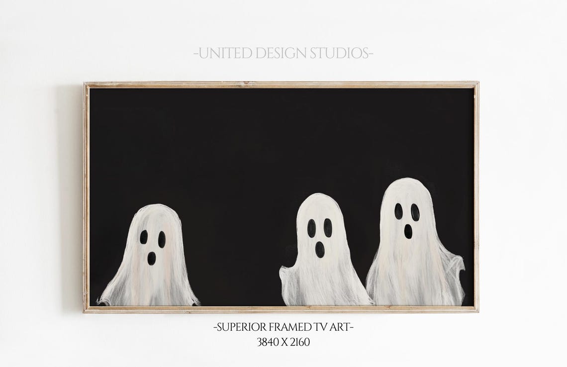 Three White Ghosts Black Background Minimalist Halloween Spooky Poster