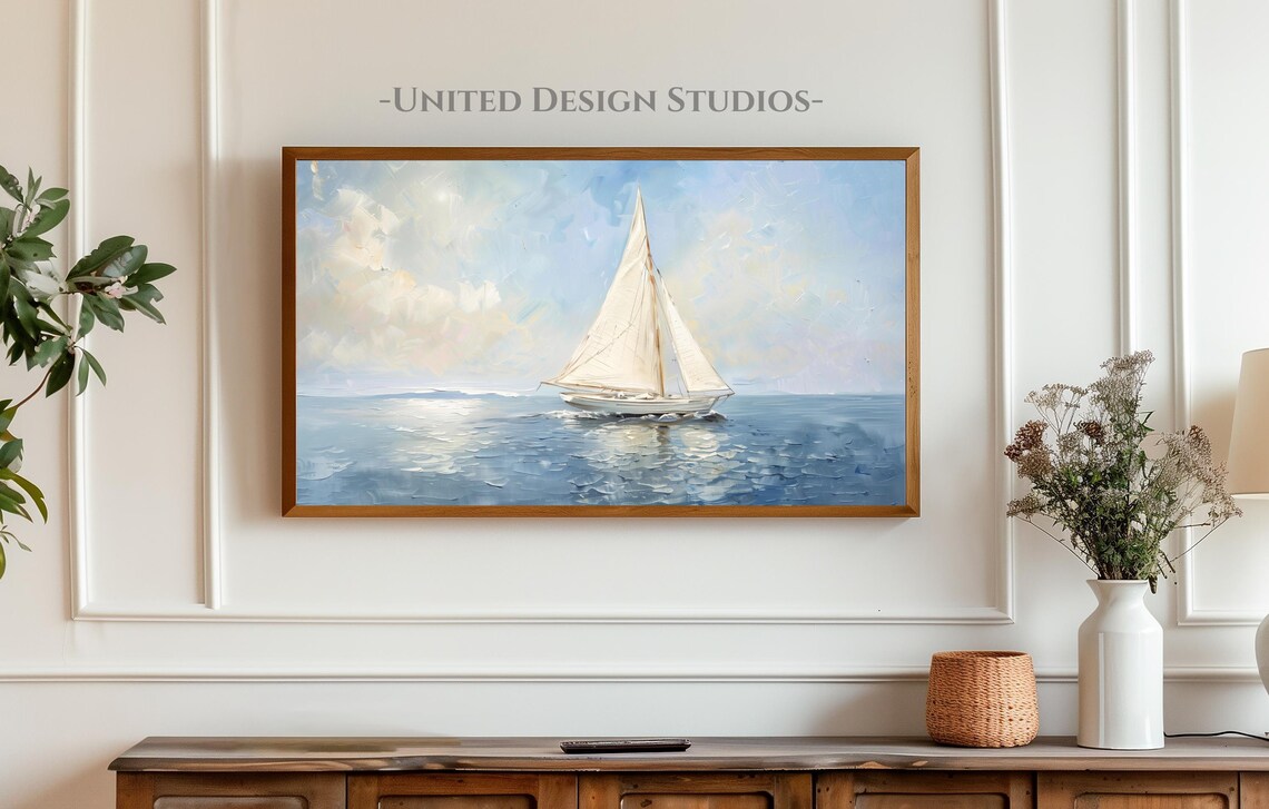 Sailboat on Calm Blue Ocean White Sails Seascape Painting Frame TV Art Poster - Image 4