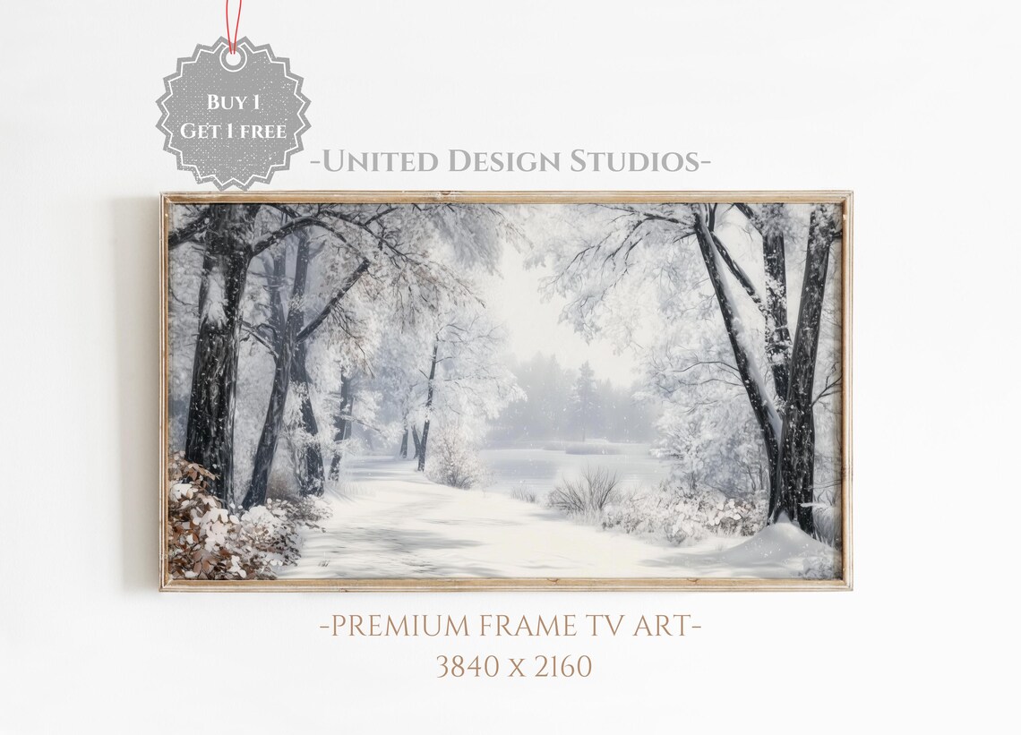 Snowy Forest Lake Frozen Winter Landscape Painting Art Print