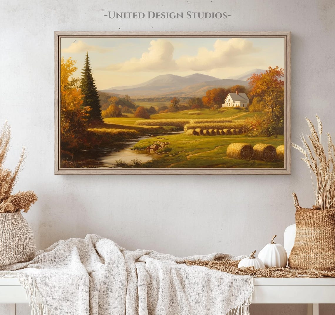 Fall Farm Hay Bales White Farmhouse Stream Autumn Valley Scene Poster - Image 4
