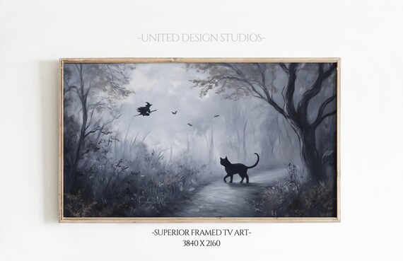 Black Cat Haunted Forest Witch Moon Misty Halloween Spooky Poster