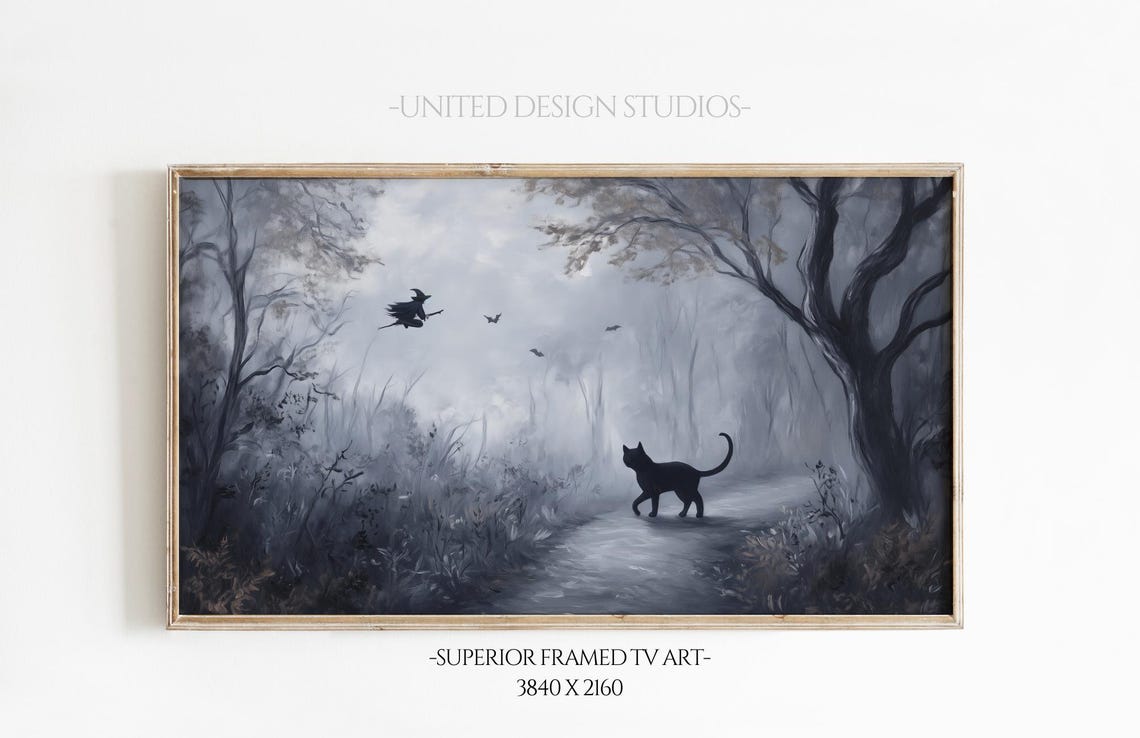 Black Cat Haunted Forest Witch Moon Misty Halloween Spooky Poster