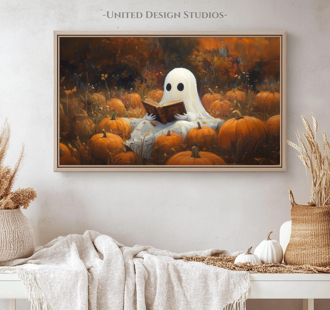 Cute Ghost Reading Book In Pumpkin Patch Halloween Fall Wall Art - Image 5