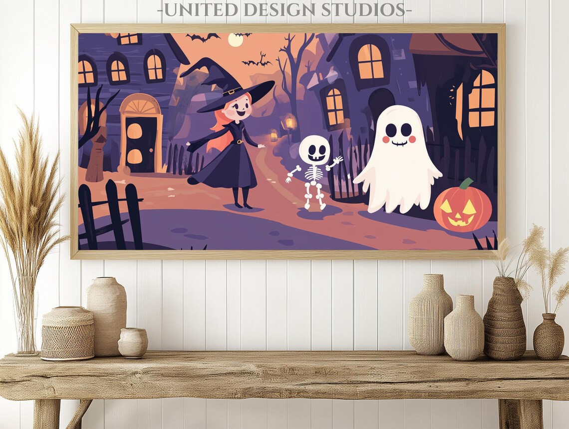 Cute Halloween Witch Ghost Skeleton Spooky Street Night Kids Art Poster - Image 2