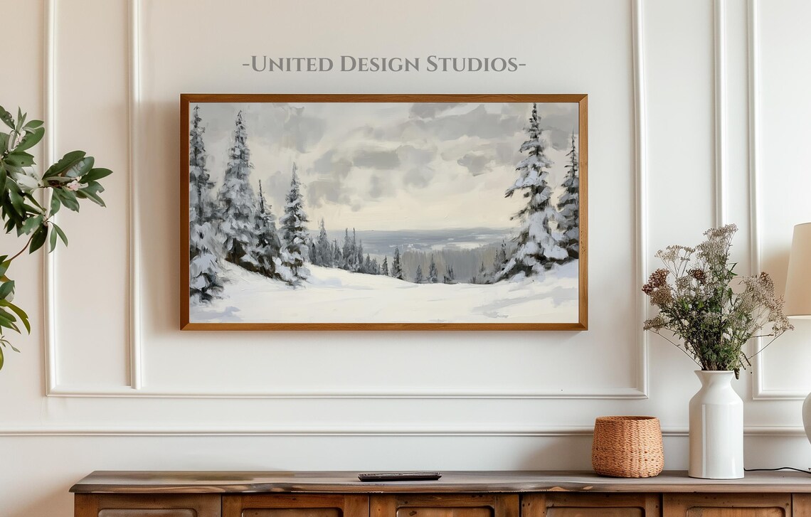 Vintage Winter Forest Painting, Pine Trees Landscape - Image 3