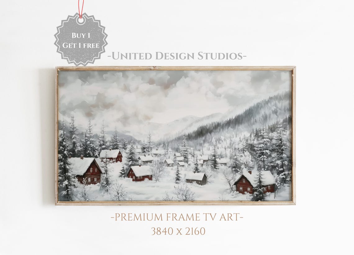 Winter Mountain Village Red Cabins Snow Watercolor Painting Print