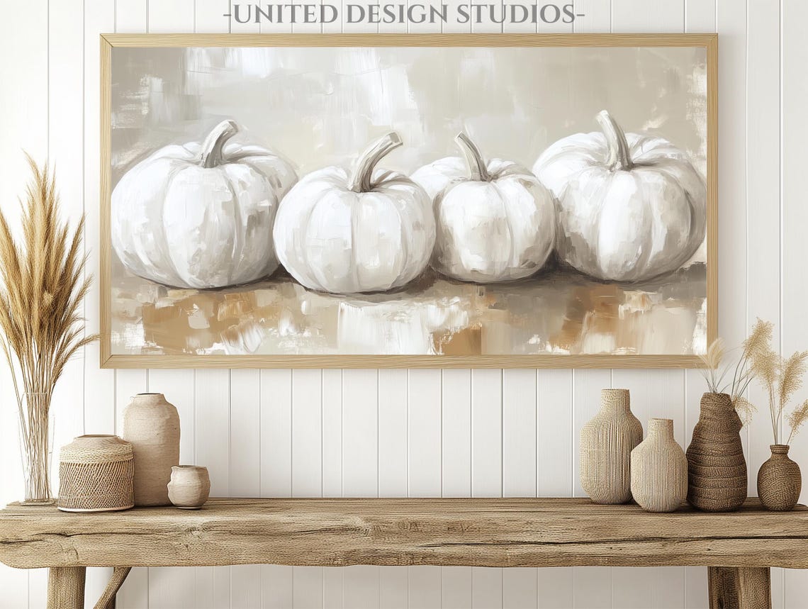 White Pumpkins Still Life Rustic Neutral Fall Painting Poster - Image 2