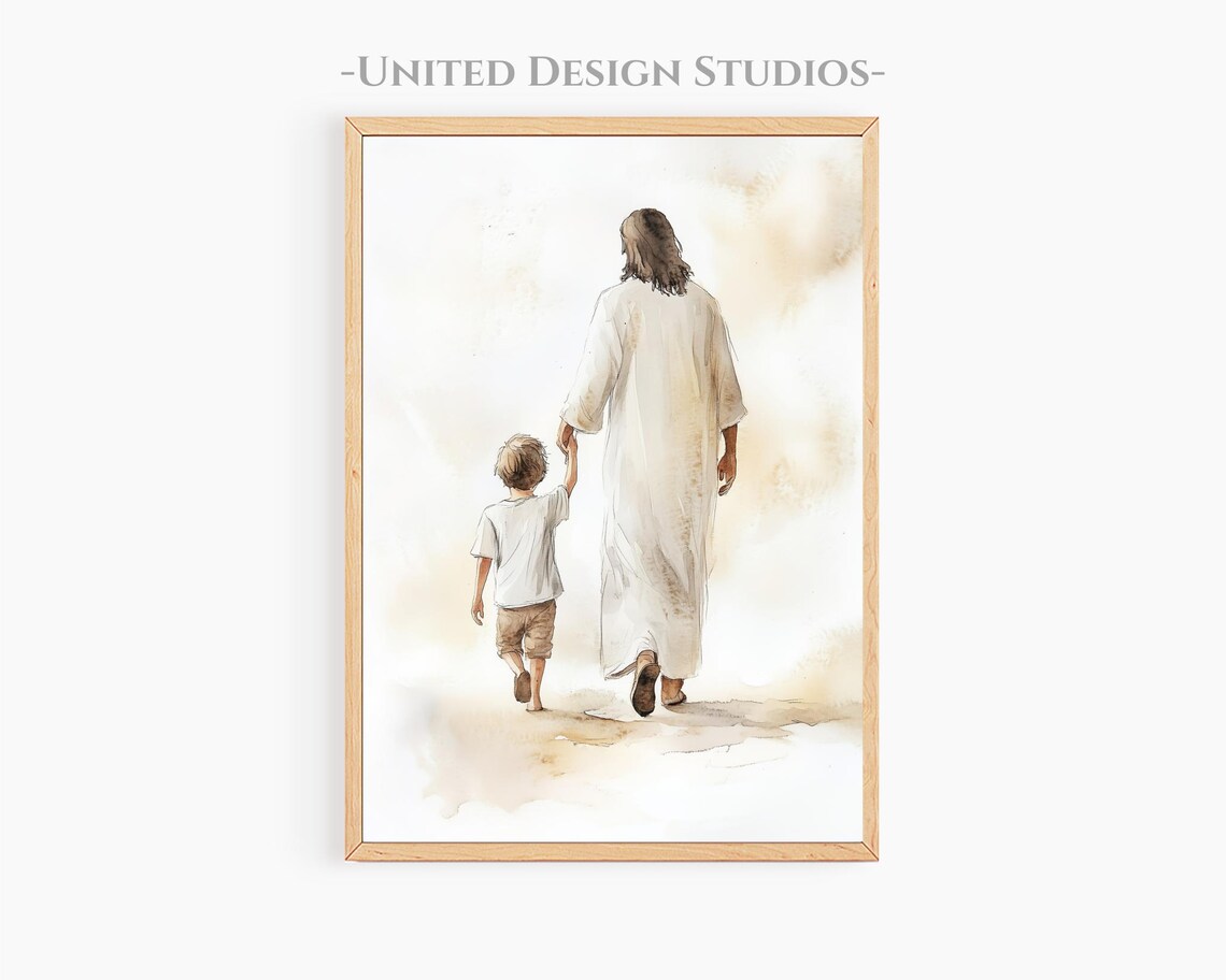 Jesus Walking With Young Boy Art Print, Christian
