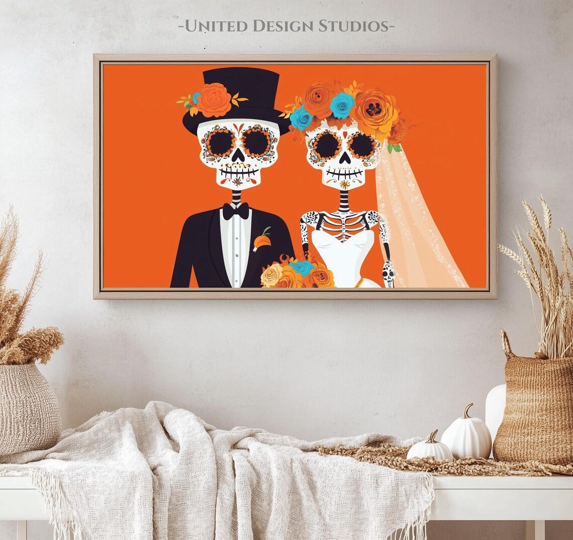Day of the Dead Sugar Skull Bride Groom Couple Orange Folk Art Poster - Image 4