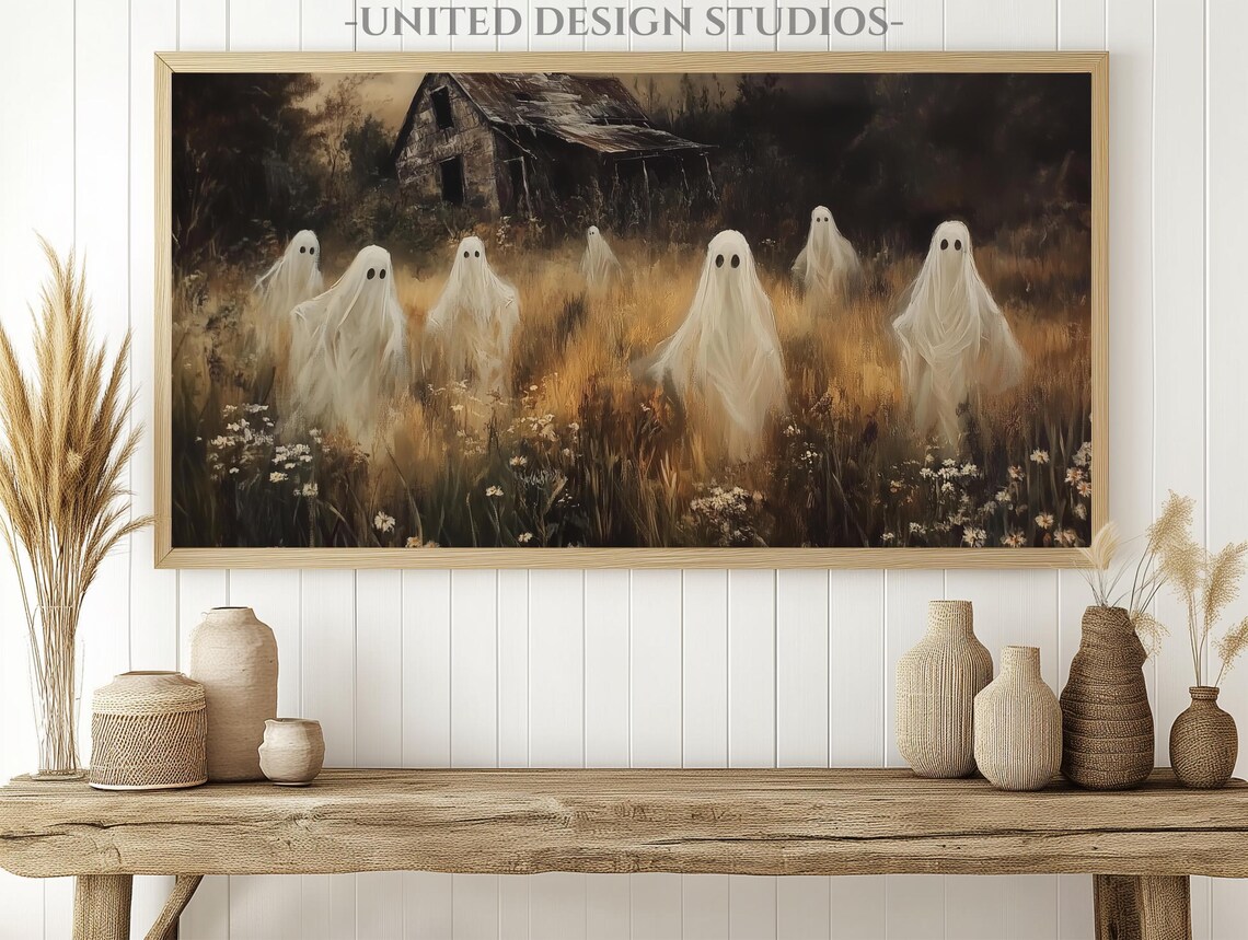 Spooky Ghosts In Moonlit Haunted Field Old House Halloween Wall Art - Image 3