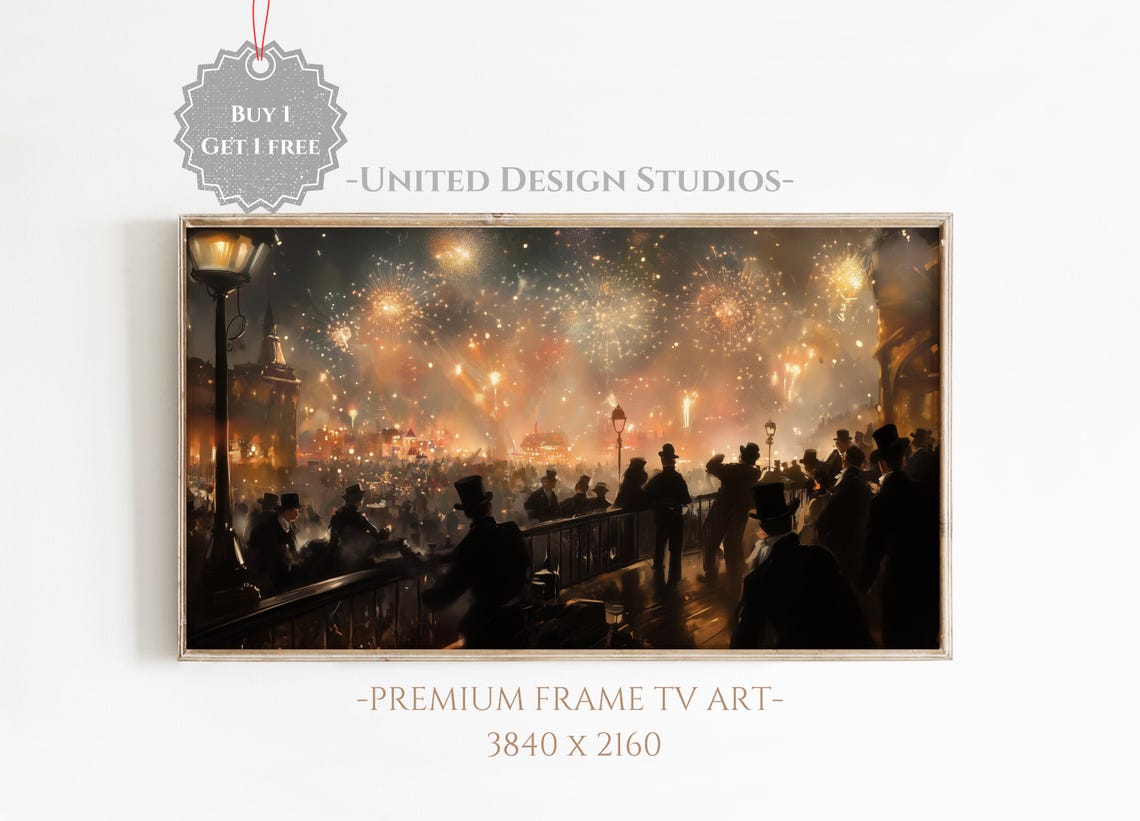Vintage New Years Eve Fireworks City Street Night Celebration Poster
