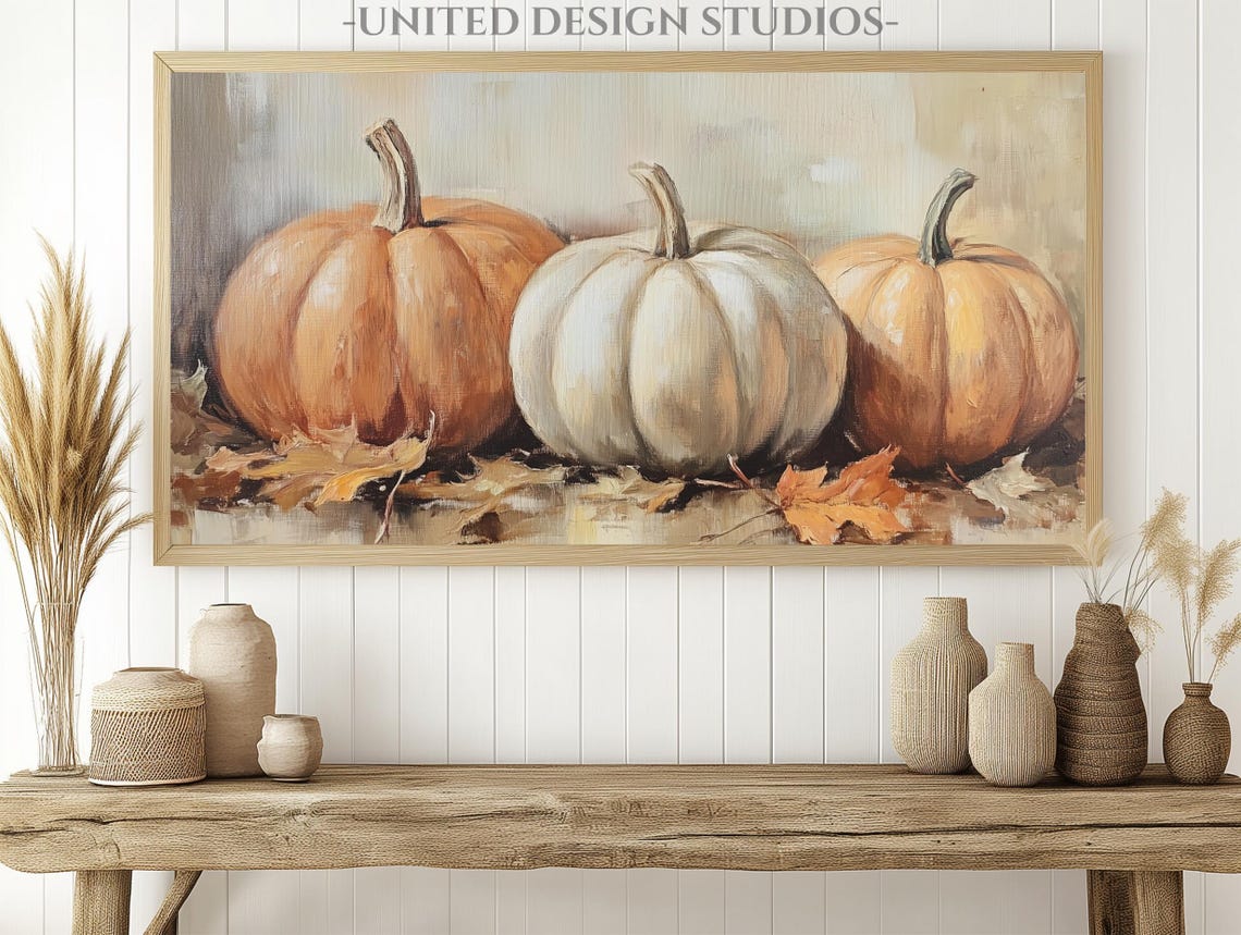 Orange And White Pumpkins Fall Harvest Still Life Painting Wall Art - Image 3