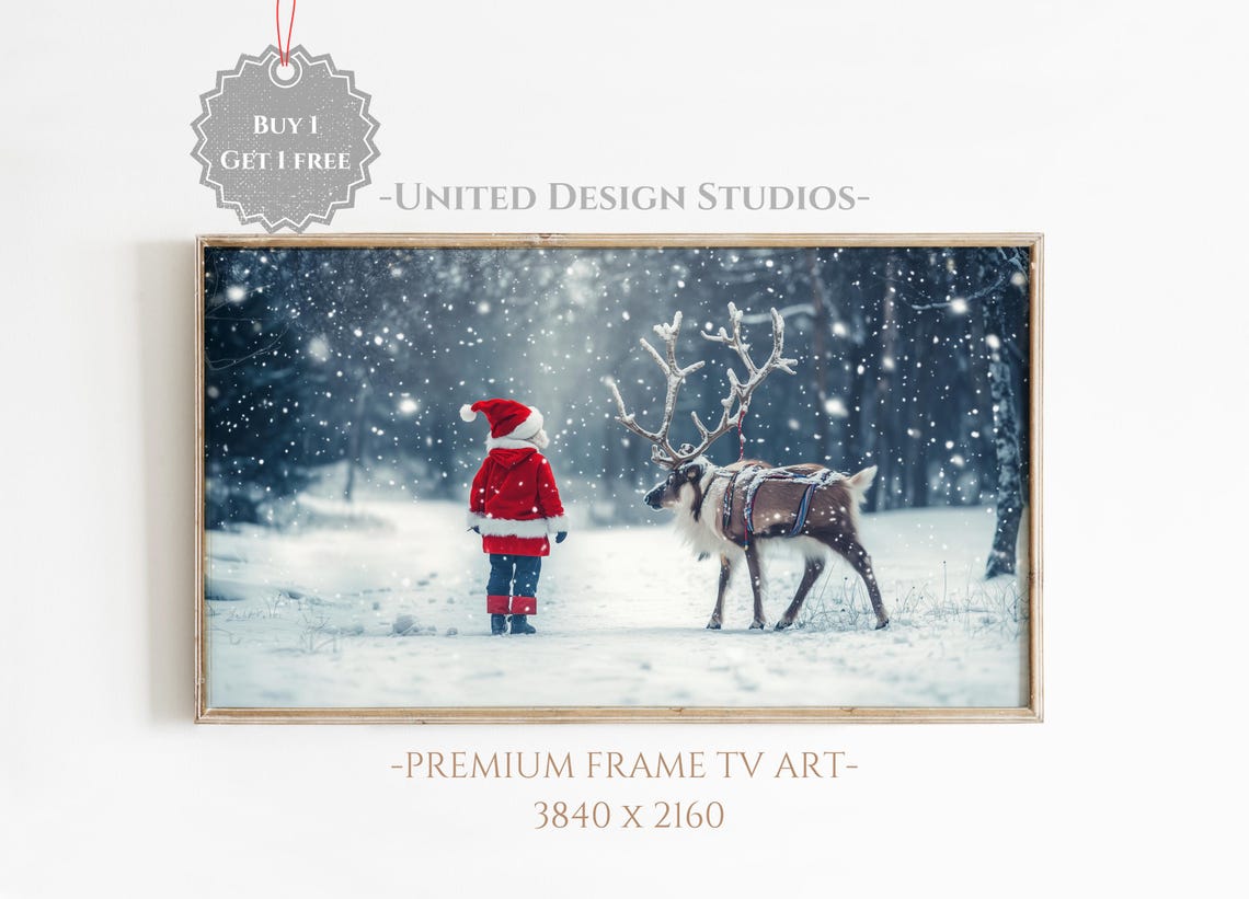 Christmas Frame Tv Art Young Santa With Reindeer Frame Tv Art Child With Reindeer Tv Art Christmas Decor Family Christmas Tv Art