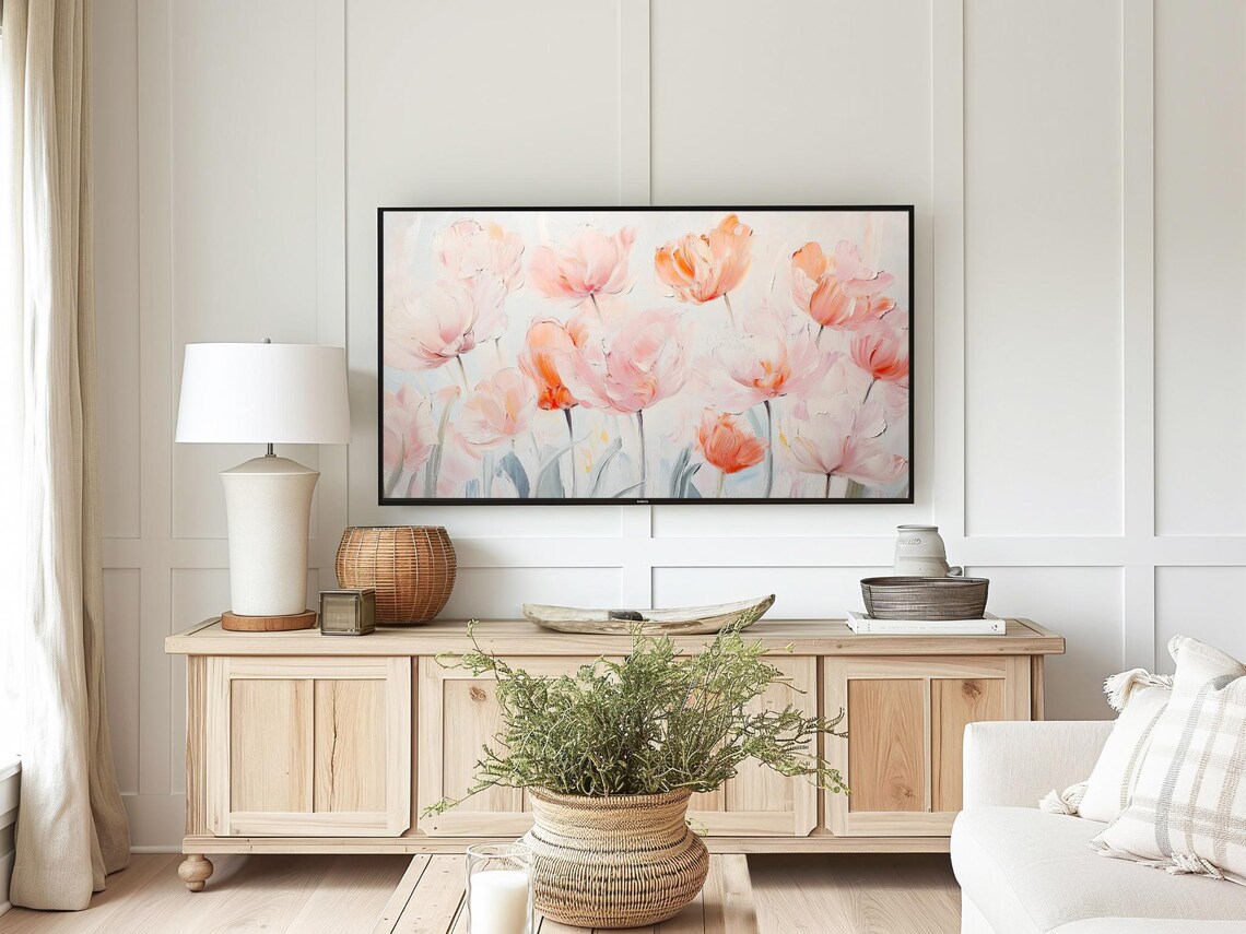 Pink Coral Tulips Pastel Spring Flower Painting Frame TV Art Poster - Image 2